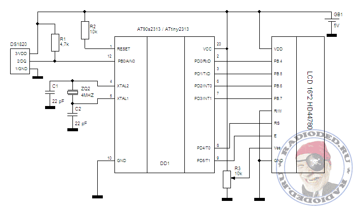 принципиальная схема цифрового термометра на ds1820 и at90s2313