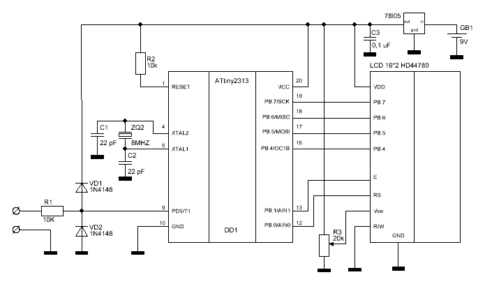 Принципиальная схема частотомера на микроконтроллере ATtiny2313