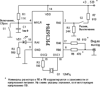 принципиальная схема генератора видеосигнала на микроконтроллере