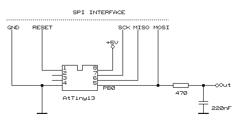 Принципиальная схема генератора синусоиды на микроконтроллере ATtiny13