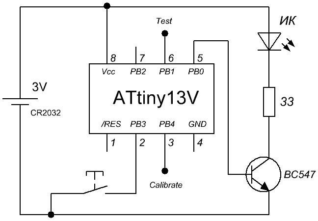 Принципиальная схема дистанционного управления камер Nikon на микроконтроллере ATtiny13V